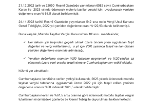 2023 YILINDA ÖDENECEK MOTORLU TAŞIT VERGİSİ ARTIŞ ORANI YÜZDE 61,5 OLARAK BELİRLENDİ.