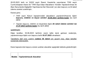 7440 SAYILI BAZI ALACAKLARIN YAPILANDIRILMASINA İLİŞKİN KANUNDA YER ALAN BAŞVURU VE İLK TAKSİT ÖDEME SÜRELERİ UZATILDI...