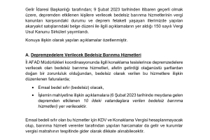DEPREM BÖLGESİNDE VERİLECEK BEDELSİZ BARINMA HİZMETLERİ VE AKARYAKIT SATIŞLARI HAKKINDA VUK SİRKÜLERİ YAYINLANDI.